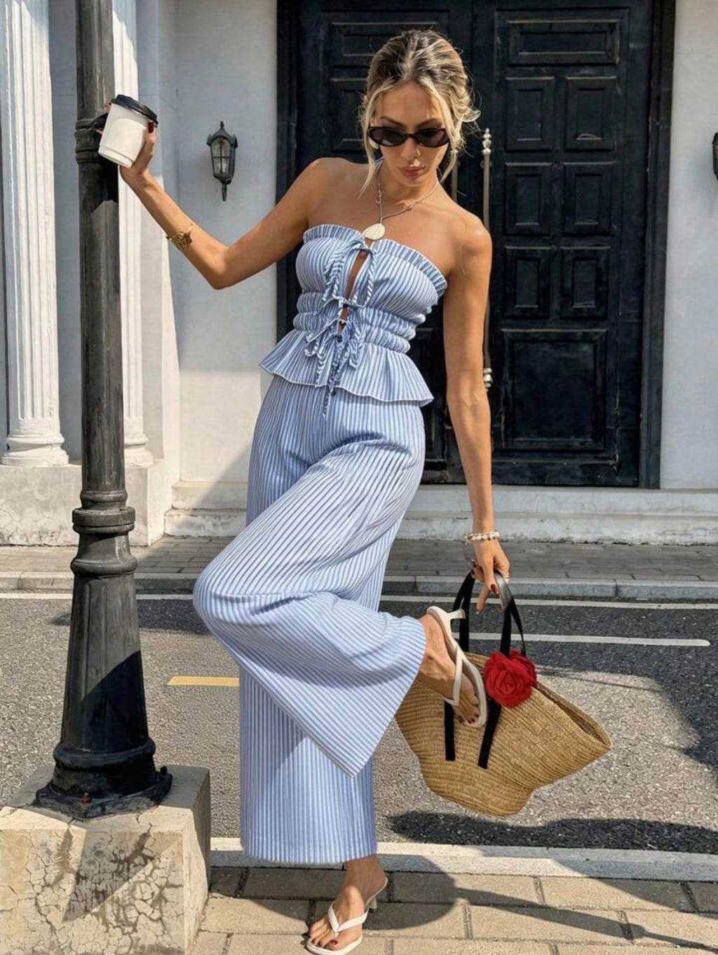 Set Santorini Stripes – Top Strapless Peplum y Pantalón Palazzo