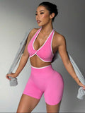 Conjunto Deportivo de Dos Piezas Pink Ribbed – Top Halter y Shorts de Cintura Alta
