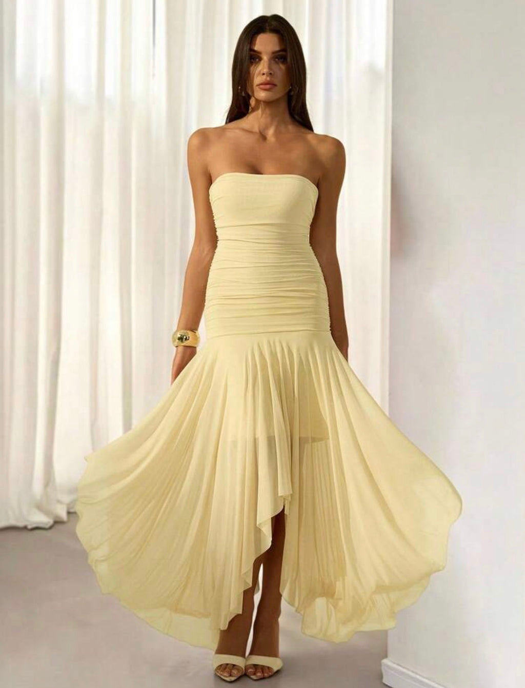 Vestido Midi Strapless Drapeado "Ninfa del Sol" – Amarillo Pastel