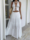 Conjunto Ibicenco de Dos Piezas: Top Halter Fruncido y Falda Maxi Escalonada