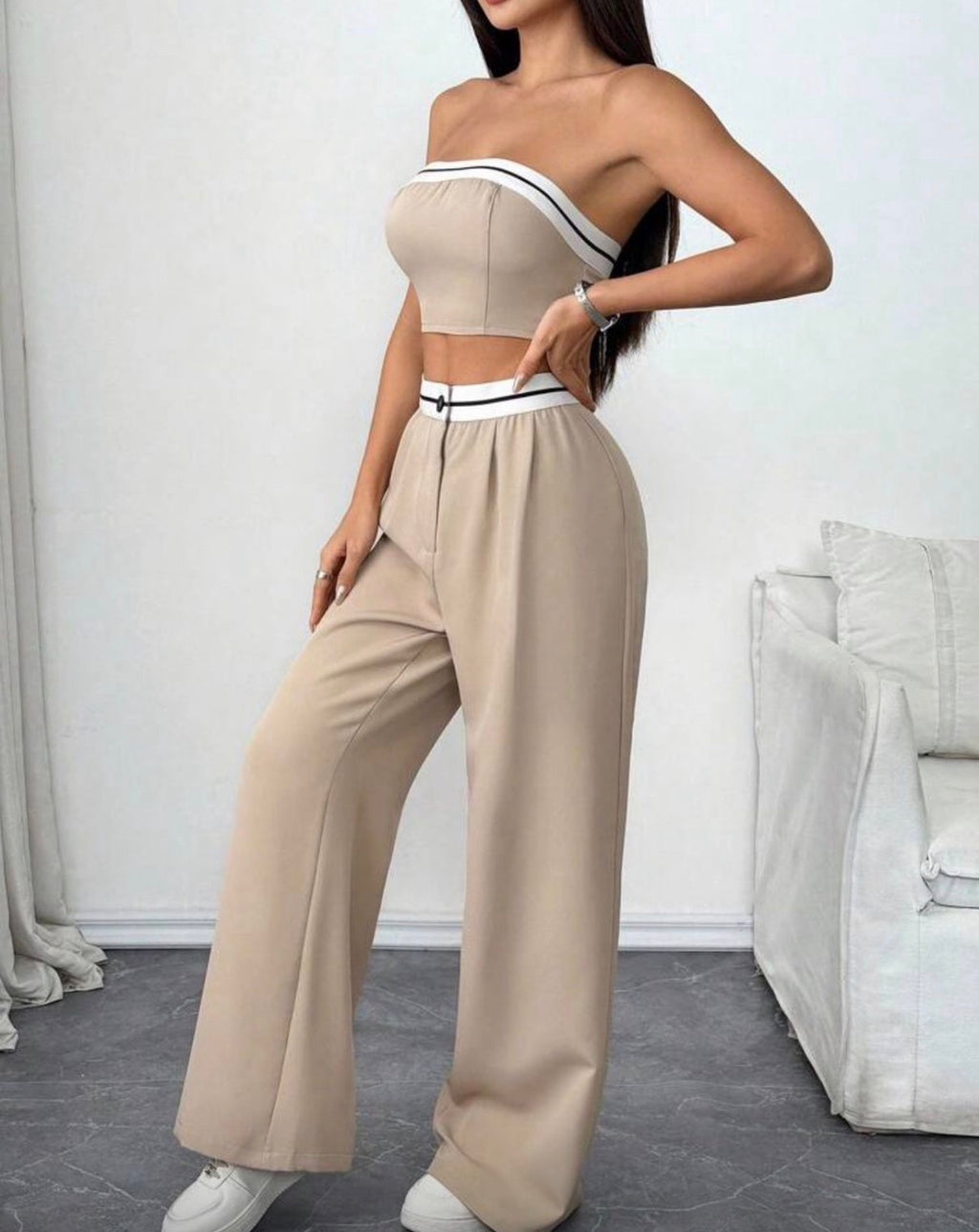Conjunto Atenas Casual – Top Bandeau y Pantalón Wide Leg con Elástico Deportivo