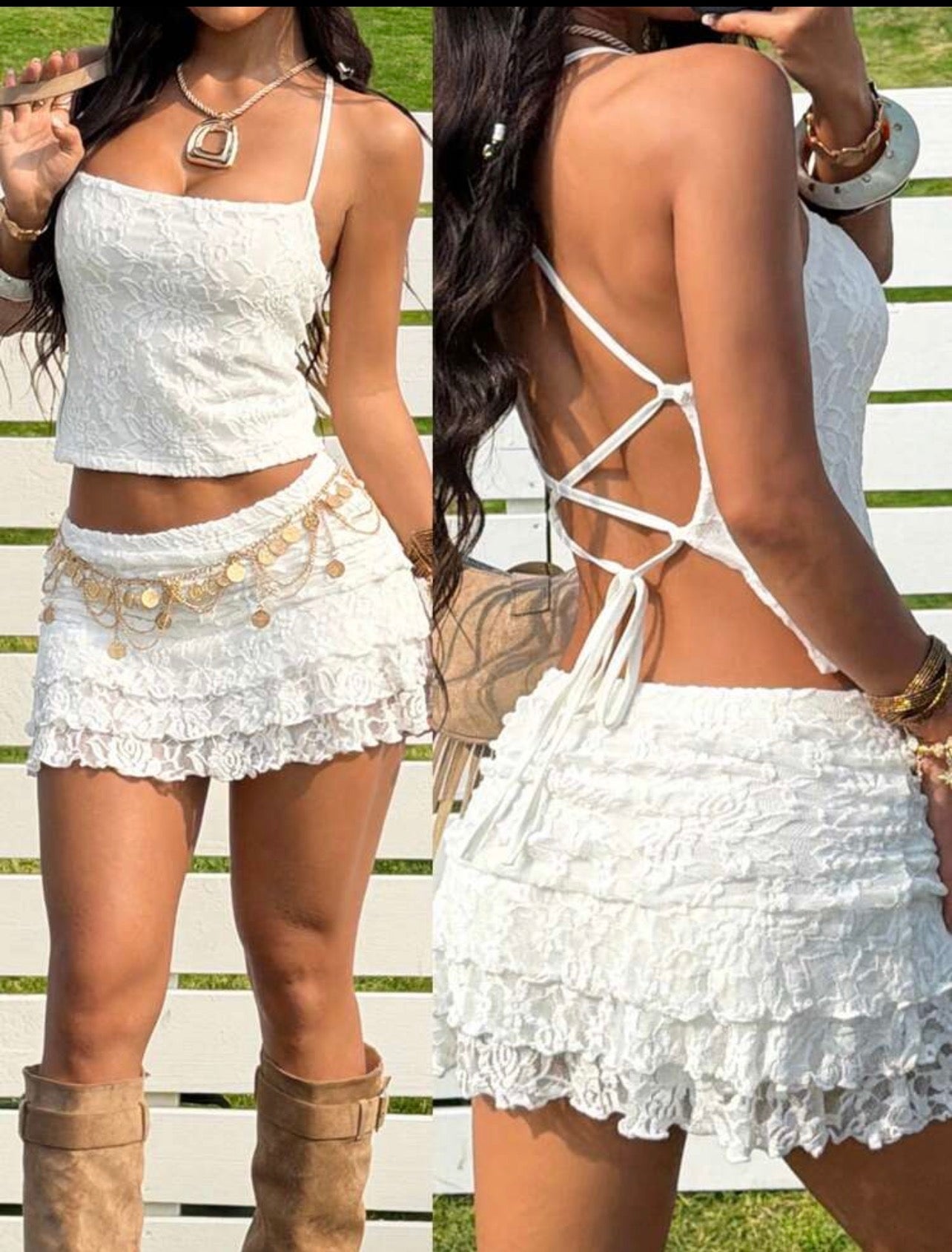 Set Ibiza Romantic – Top Lace Espalda Cruzada y Minifalda Volados