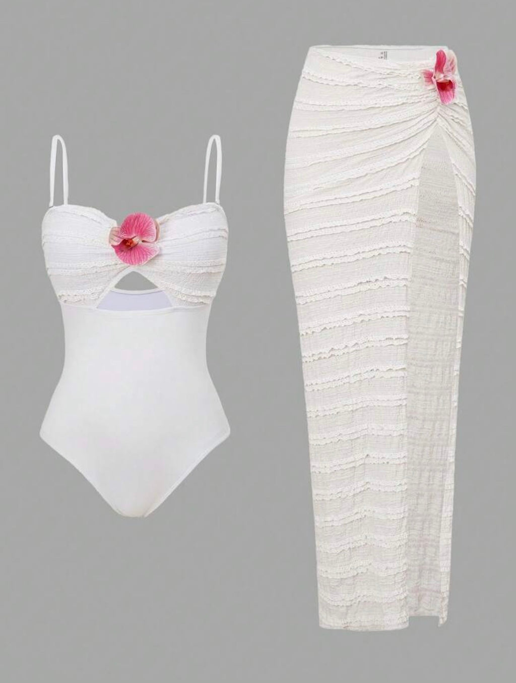 Set de Playa Premium: Traje de Baño Enterizo y Falda Maxi con Aplique de Orquídea