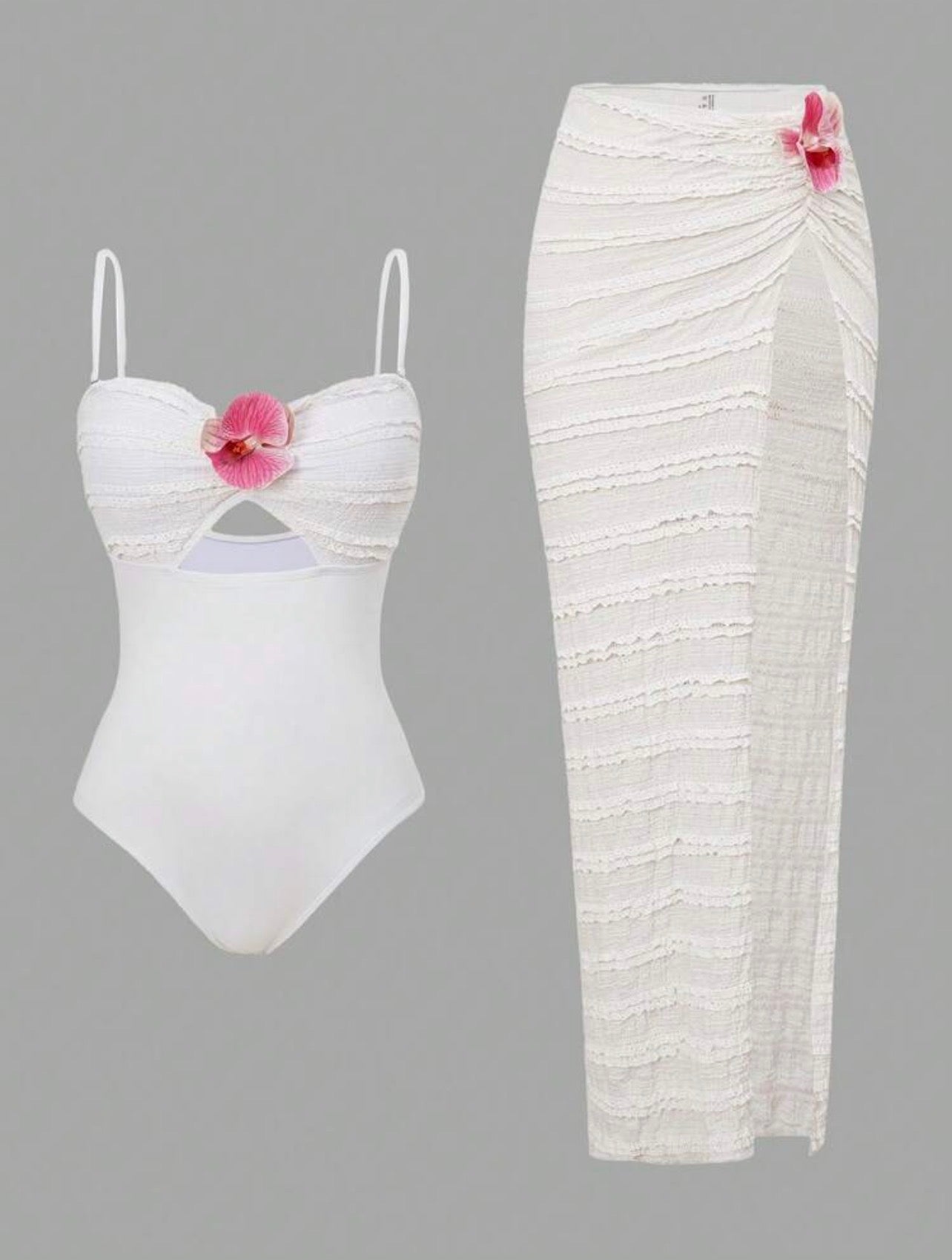Set de Playa Premium: Traje de Baño Enterizo y Falda Maxi con Aplique de Orquídea