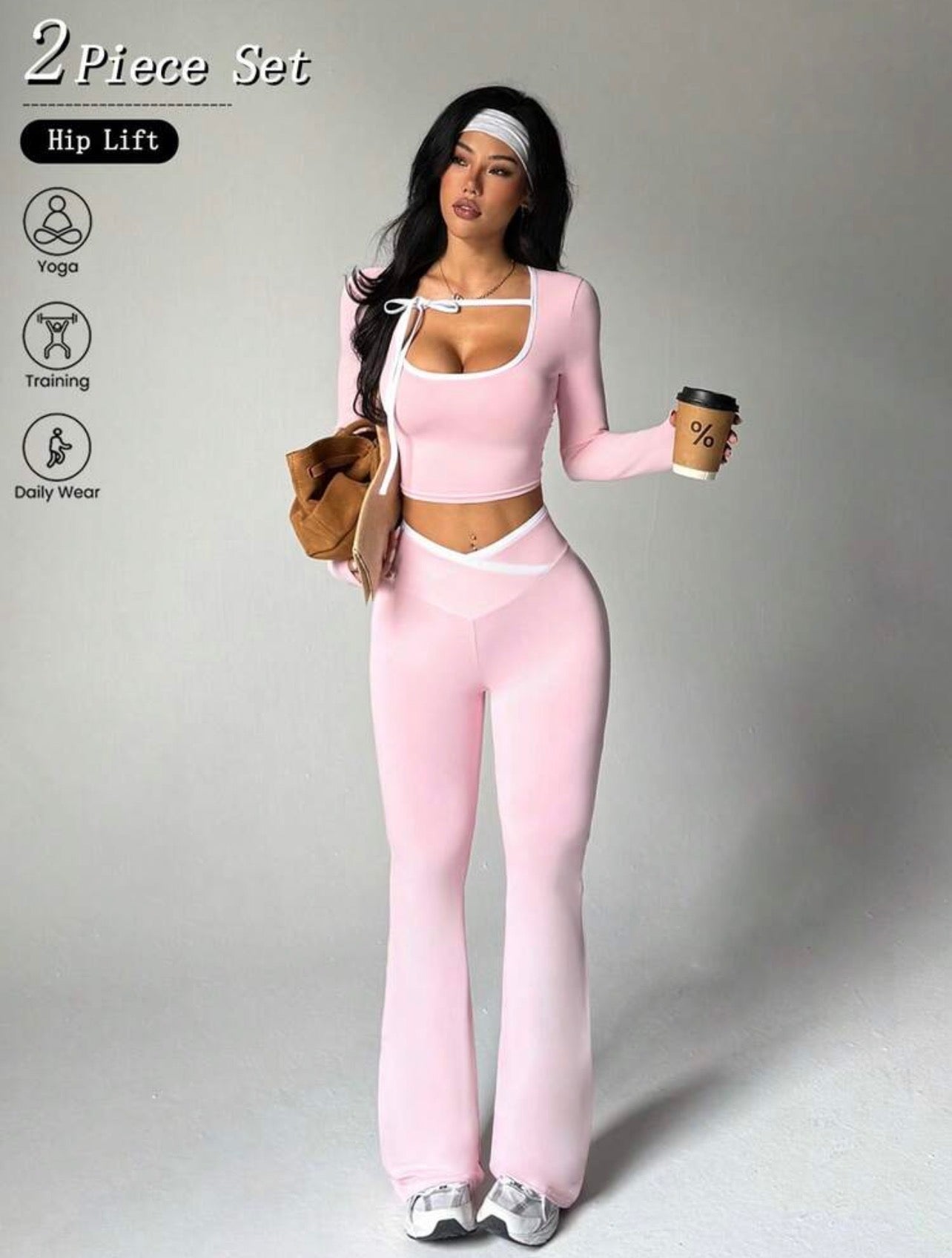Conjunto Deportivo de Dos Piezas "Pink Balance" – Crop Top Manga Larga y Leggings Acampanados