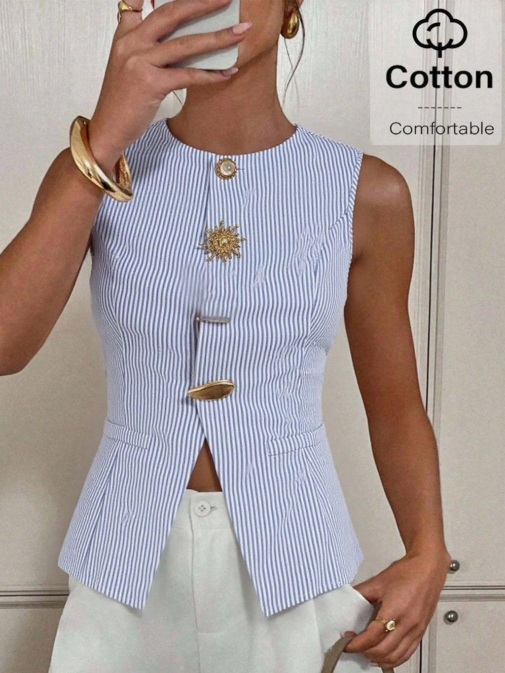 Blusa Chaleco de Algodón a Rayas con Botones Joya – Estilo Elegante y Fresco