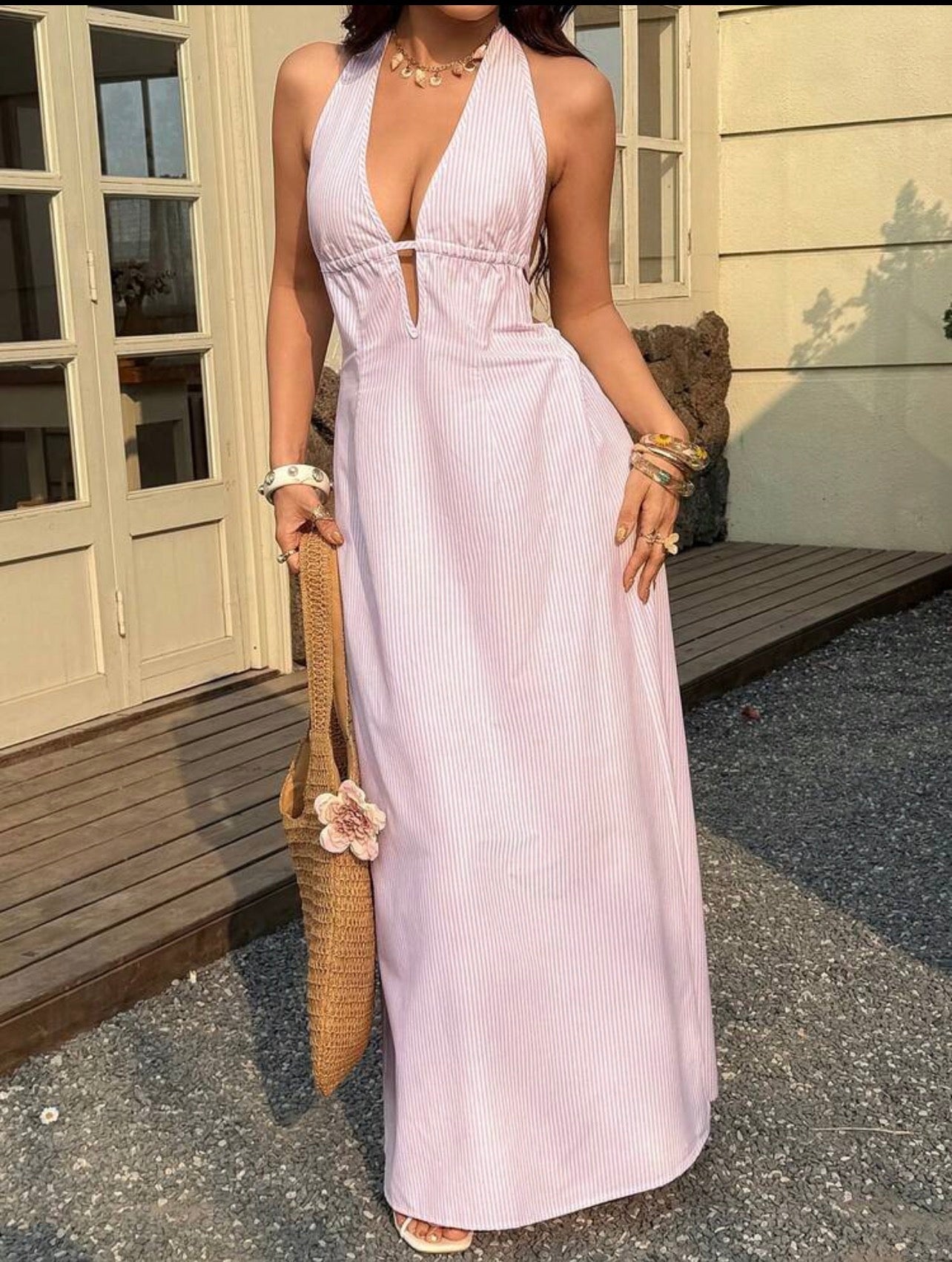 Vestido Maxi Positano – Halter Cut-Out Estampa de Rayas