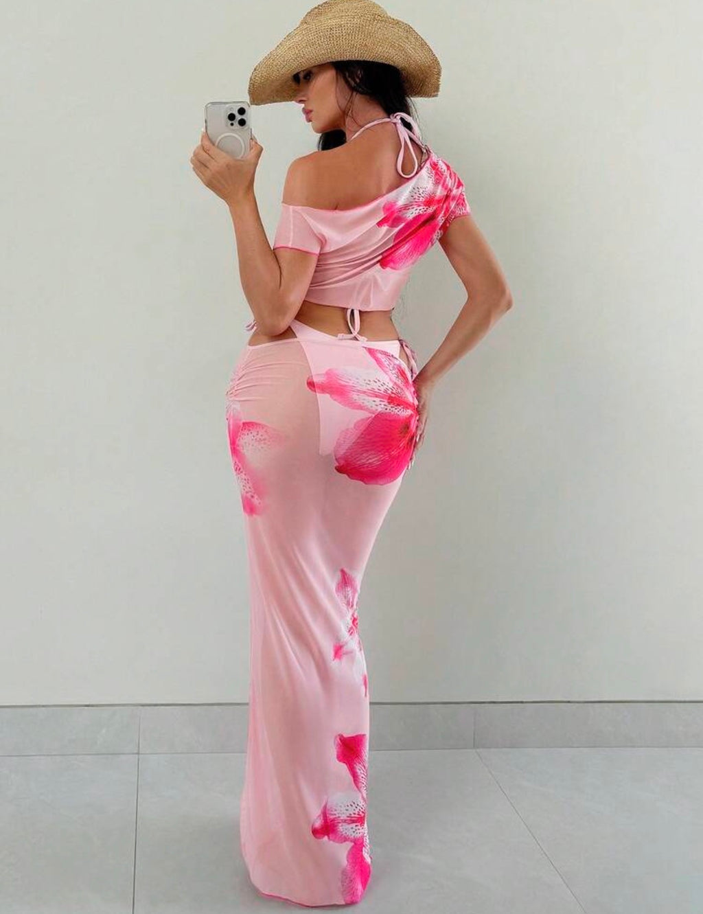 Conjunto Playero Tropical Hibiscus – Top Corto Asimétrico y Falda Maxi Translúcida