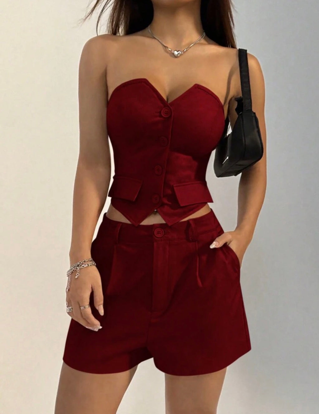 Conjunto Sastrero Dos Piezas "Burdeos" – Top Corset Strapless y Short Tiro Alto – Vino Tinto