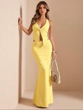Conjunto Dos Piezas de Top Halter con Nudo y Falda Maxisirena "Sol de Verano" – Amarillo Pastel