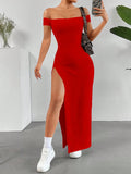Vestido Maxi de Hombros Caídos con Abertura Lateral Scarlet