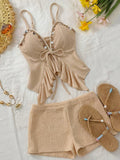 Set de Playa Beach-Chic: Top Rústico con Conchas y Shorts de Punto