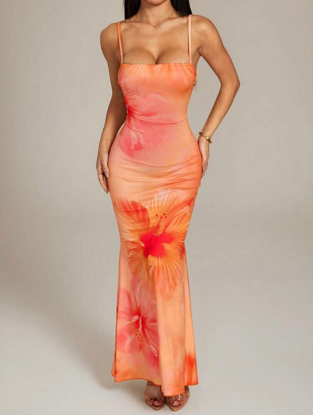Vestido Maxi Ajustado con Estampado Tropical y Corte Sirena Kalani