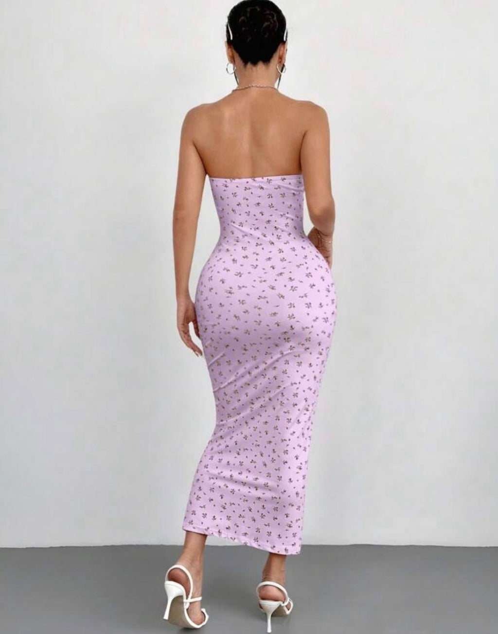Vestido Midi Strapless Ajustado con Estampado Floral - Lila