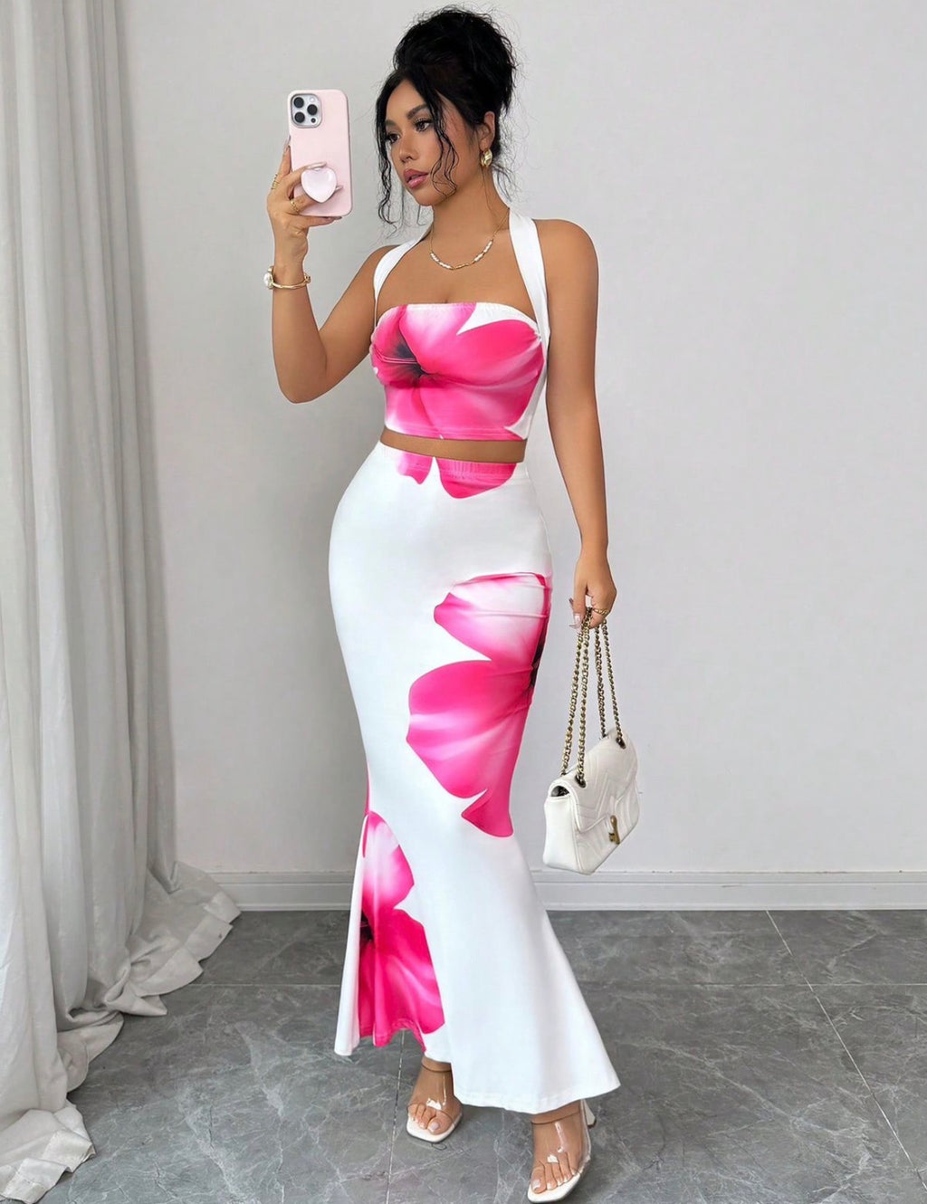 Conjunto Flora Sirena – Top Halter Cruzado y Falda Maxi con Vuelo Bajo