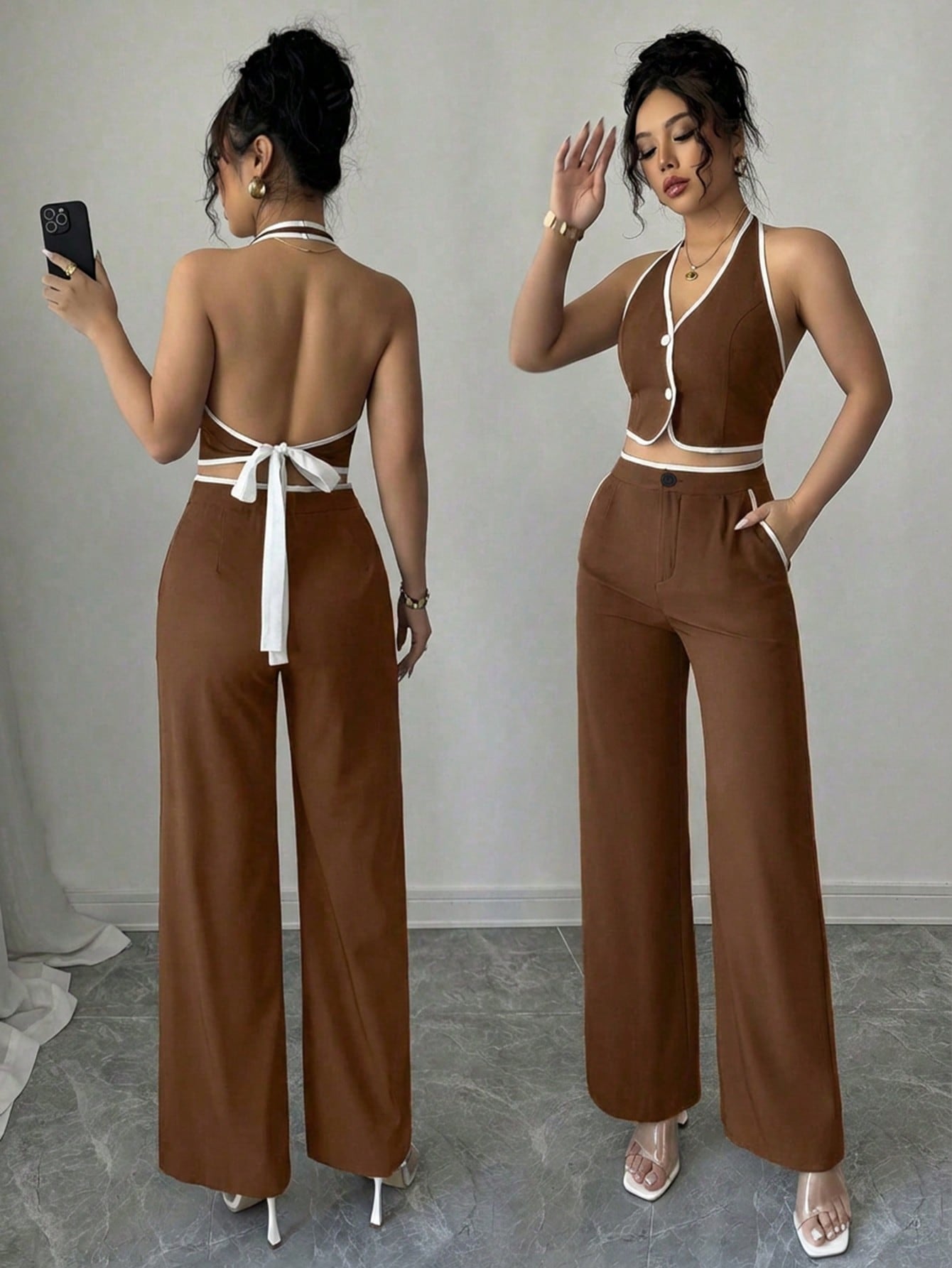 Conjunto Sastrero Dos Piezas "Atenas" – Chaleco Halter y Pantalón Palazzo – Marrón Chocolate