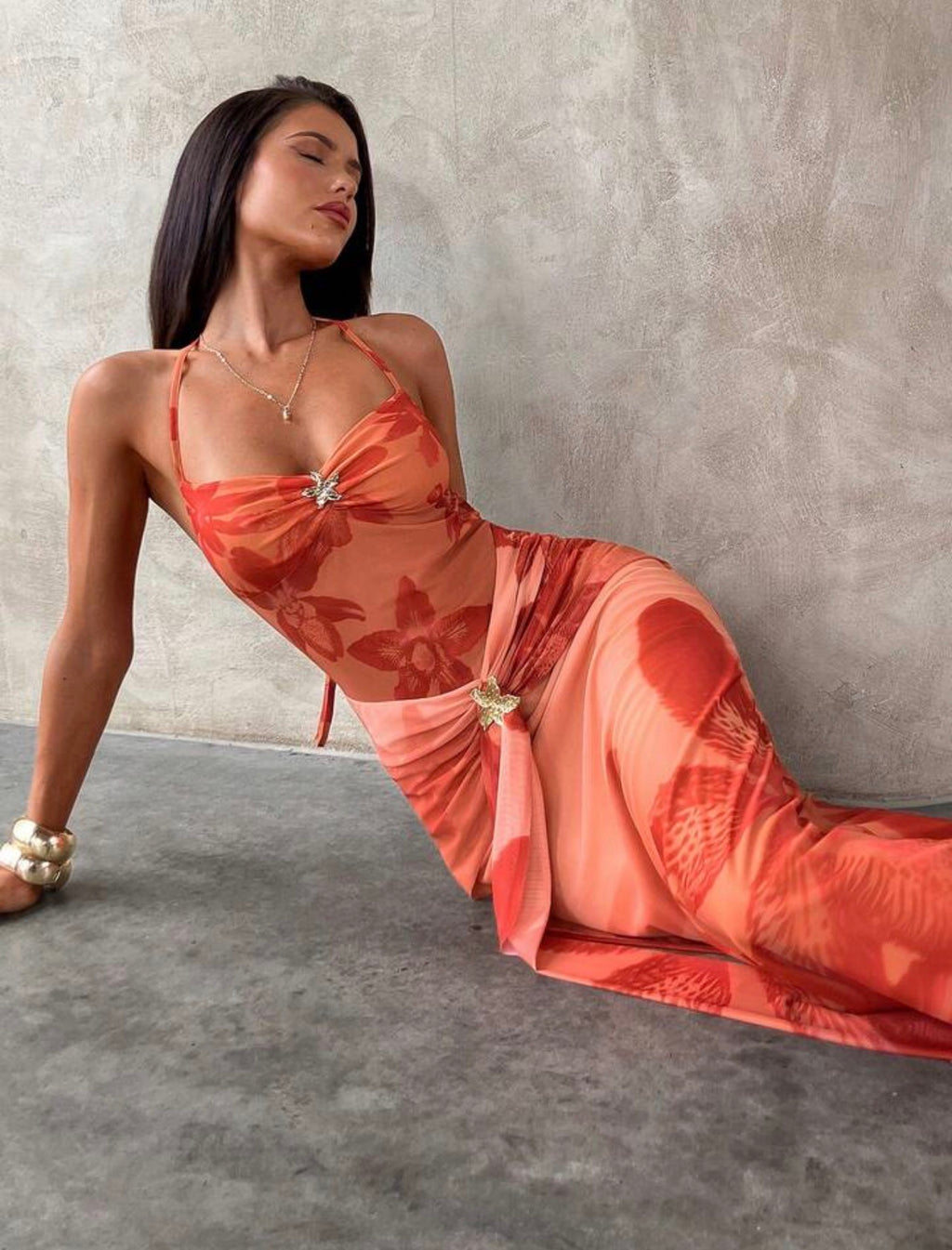 Vestido Maxi de Malla Floral - Atardecer Tropical