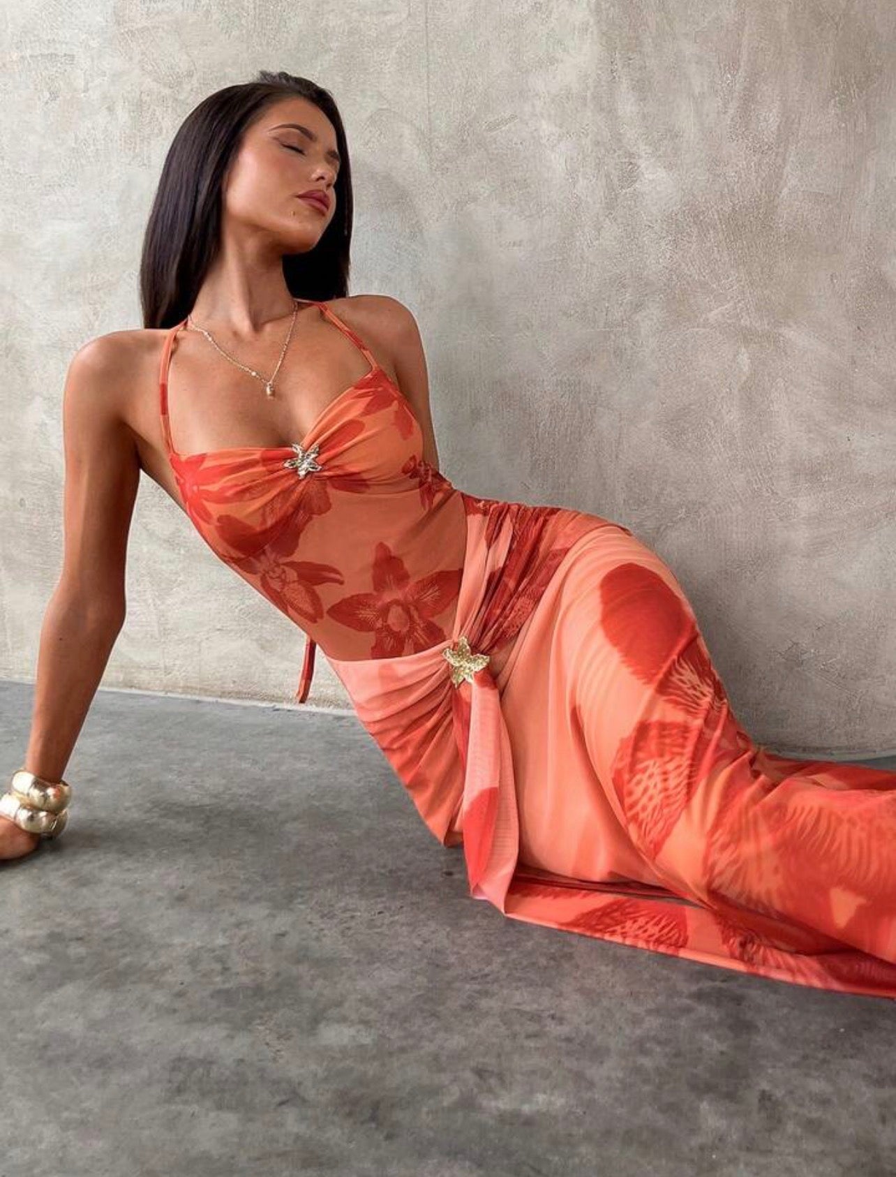 Vestido Maxi de Malla Floral - Atardecer Tropical