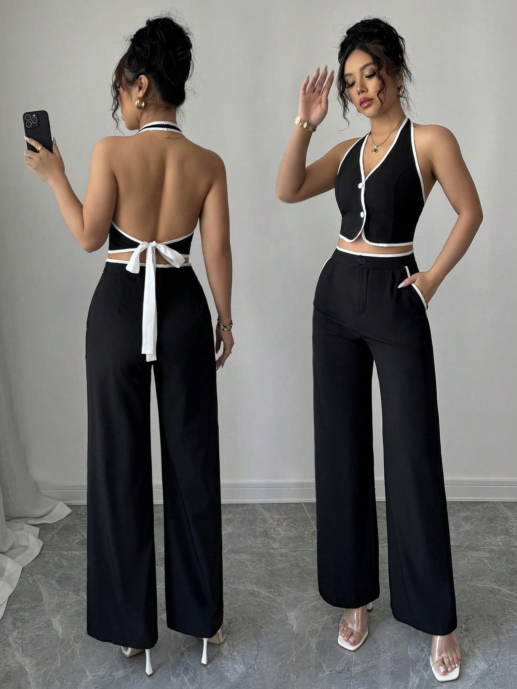Conjunto Monocromático de Chaleco y Pantalón Palazzo (Enfoque elegante)