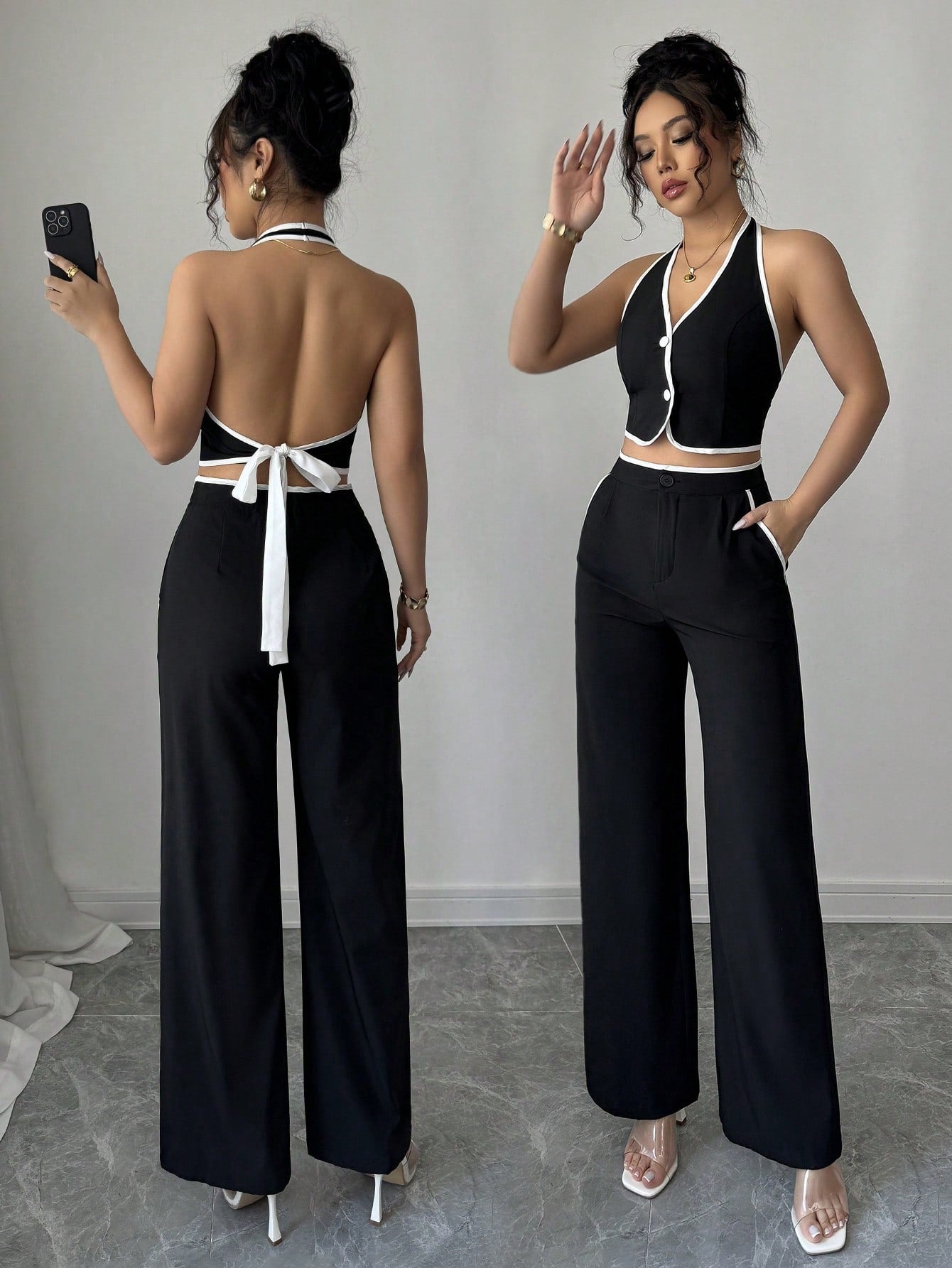 Conjunto Monocromático de Chaleco y Pantalón Palazzo (Enfoque elegante)