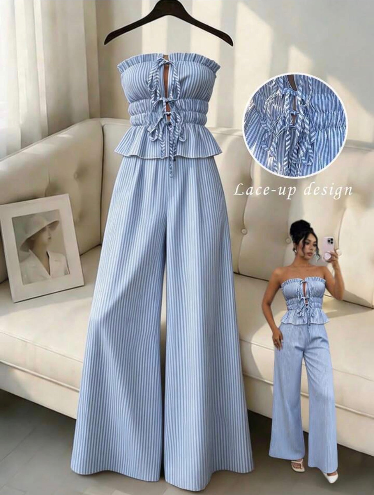 Set Santorini Stripes – Top Strapless Peplum y Pantalón Palazzo