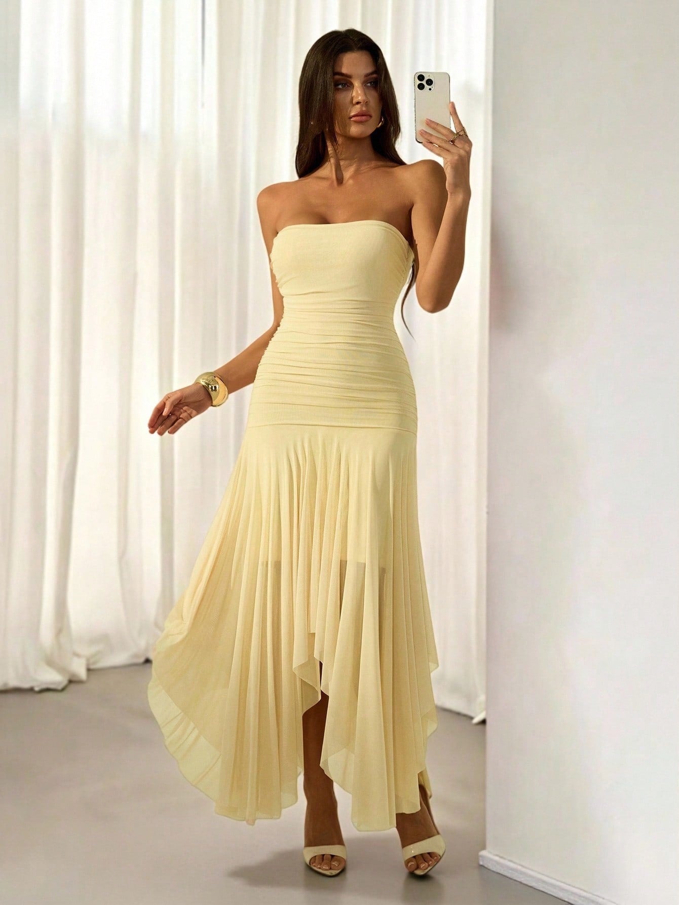 Vestido Midi Strapless Drapeado "Ninfa del Sol" – Amarillo Pastel