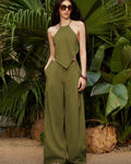 Conjunto Aveloria – Top Halter Asimétrico y Pantalón Wide Leg en Verde Oliva