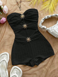 Enterizo Corto Bandeau con Detalles de Sol – Texturizado Negro