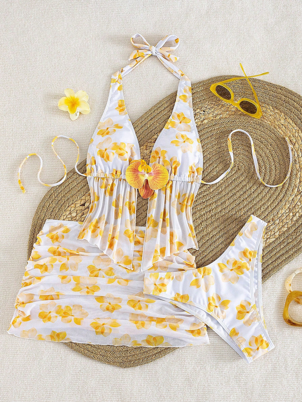 Set Resort Orquídea – Tankini Halter, Bikini Cavado y Mini Falda