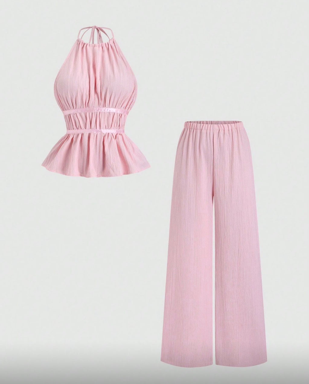 Conjunto Bella Plisé – Top Halter Peplum y Pantalón Wide Leg Flotante