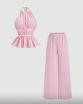 Conjunto Bella Plisé – Top Halter Peplum y Pantalón Wide Leg Flotante