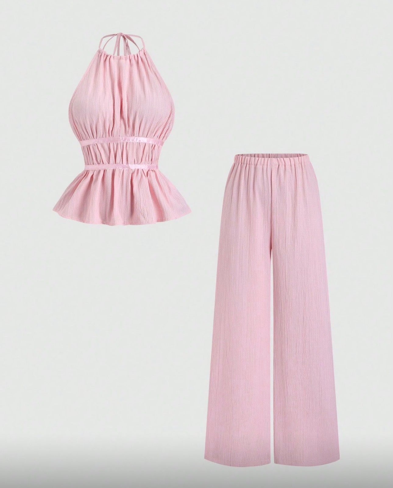 Conjunto Bella Plisé – Top Halter Peplum y Pantalón Wide Leg Flotante