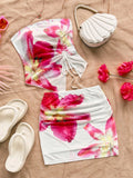 Set de Verano Floral de Dos Piezas – Top Strapless y Falda con Drapeado