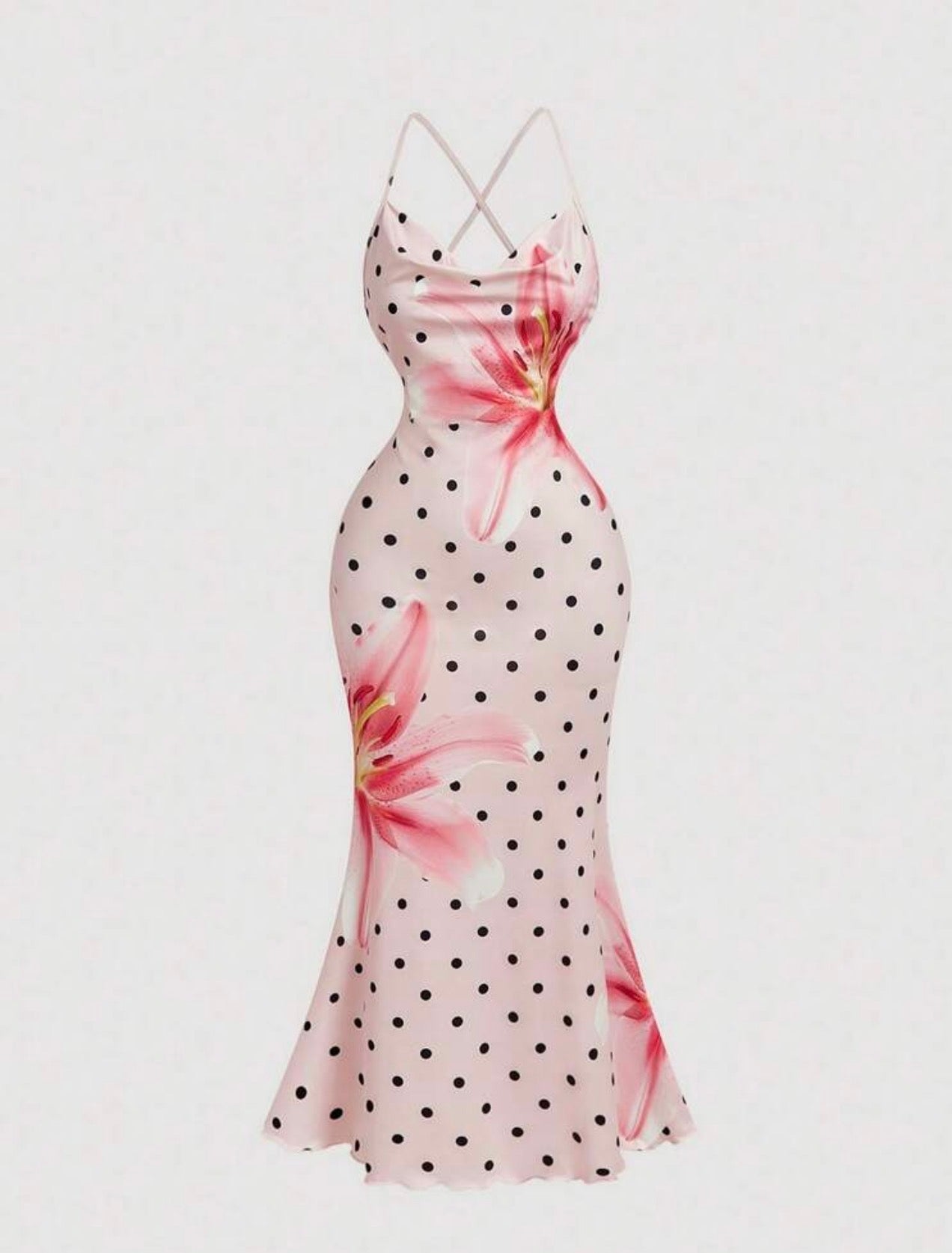 Vestido Maxi Florence – Escote Drapeado Satinado Mix Lunares y Flores