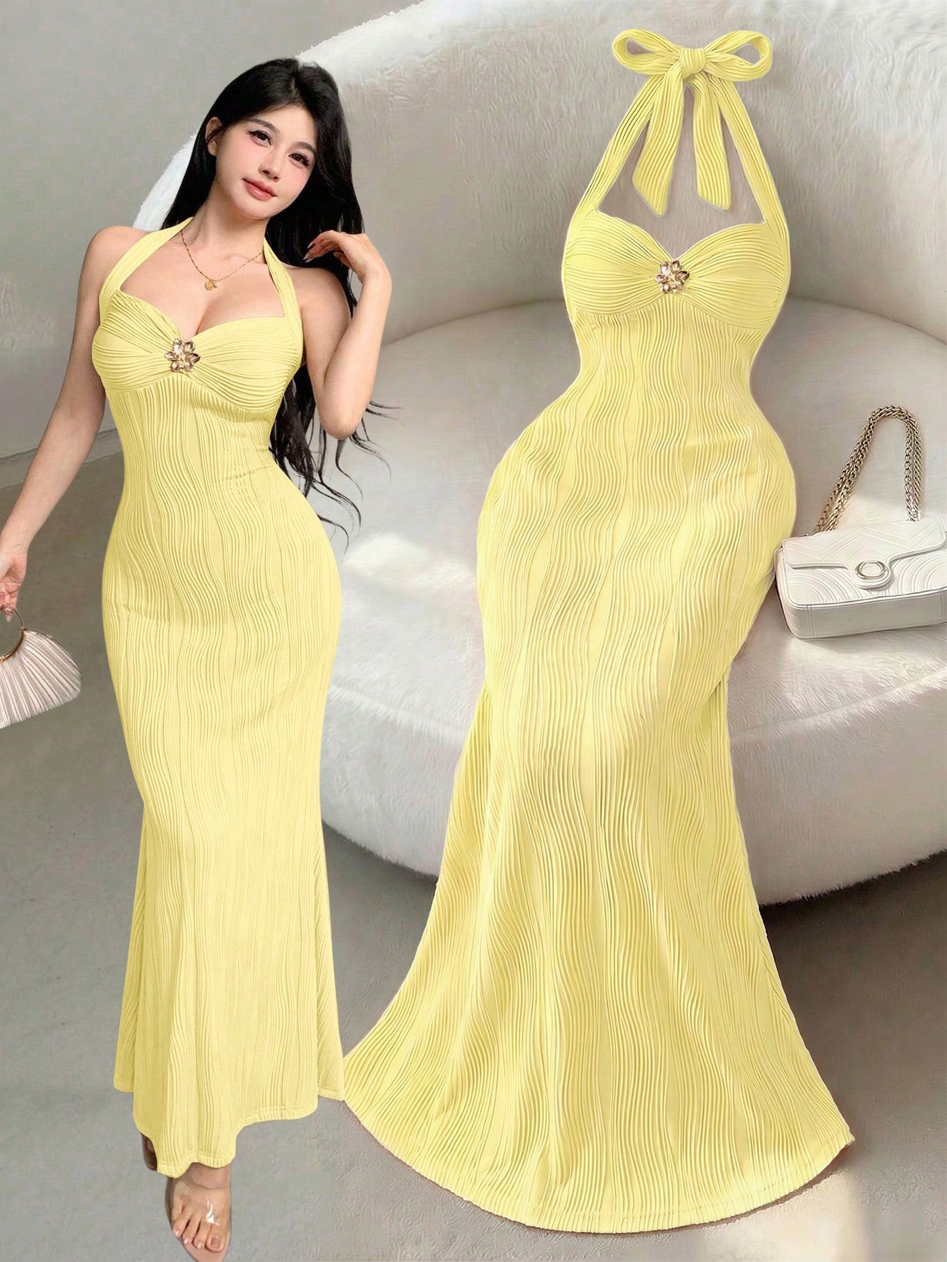 Vestido Maxi Halter Plisado con Detalle de Joya