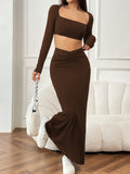 Conjunto "Choco-Chic": Top Manga Larga y Maxi Falda Fruncida
