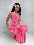 Vestido Maxi "Pink Hibiscus" – Elegancia Tropical con Escote Infinito